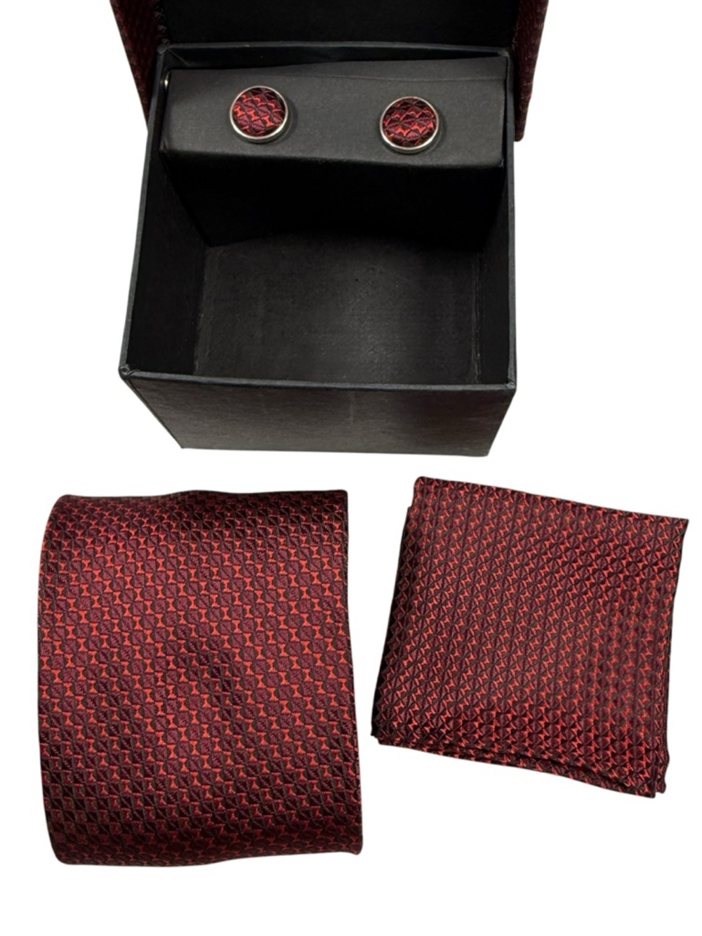 Claricci Men’s Red Patterned 3-piece set |Tie, Handkerchief and Cufflinks Set